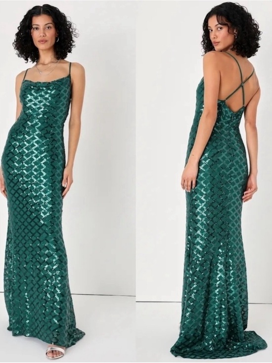 Lulus Dresses & Skirts - Lulu's Emerald Sequin Cowl Slip Gown